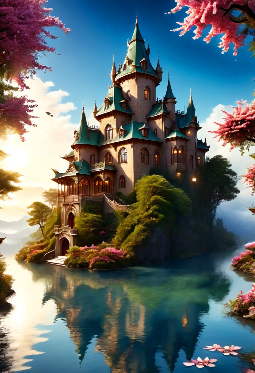 (a dreamy, enchanting castle),(magical, surreal),(vibrant colors),(soft, romantic lighting),(detailed architecture),(fluffy, floating clouds),(majestic, towering turrets),(ornate, intricately carved doors and windows),(lush, green gardens),(mysterious, winding pathways),(sparkling, reflective moat),(dreamlike atmosphere),(fairy-tale setting),(delicate, blooming flowers),(twinkling stars in the night sky),(whimsical, floating lanterns),(glowing, stained glass windows),(shimmering, iridescent surfaces),(impressive, grand staircase),(peaceful, serene ambience).