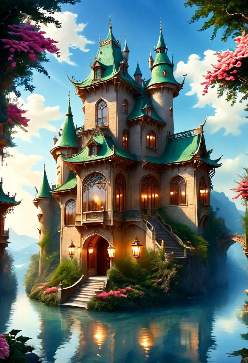 (a dreamy, enchanting castle),(magical, surreal),(vibrant colors),(soft, romantic lighting),(detailed architecture),(fluffy, floating clouds),(majestic, towering turrets),(ornate, intricately carved doors and windows),(lush, green gardens),(mysterious, winding pathways),(sparkling, reflective moat),(dreamlike atmosphere),(fairy-tale setting),(delicate, blooming flowers),(twinkling stars in the night sky),(whimsical, floating lanterns),(glowing, stained glass windows),(shimmering, iridescent surfaces),(impressive, grand staircase),(peaceful, serene ambience).