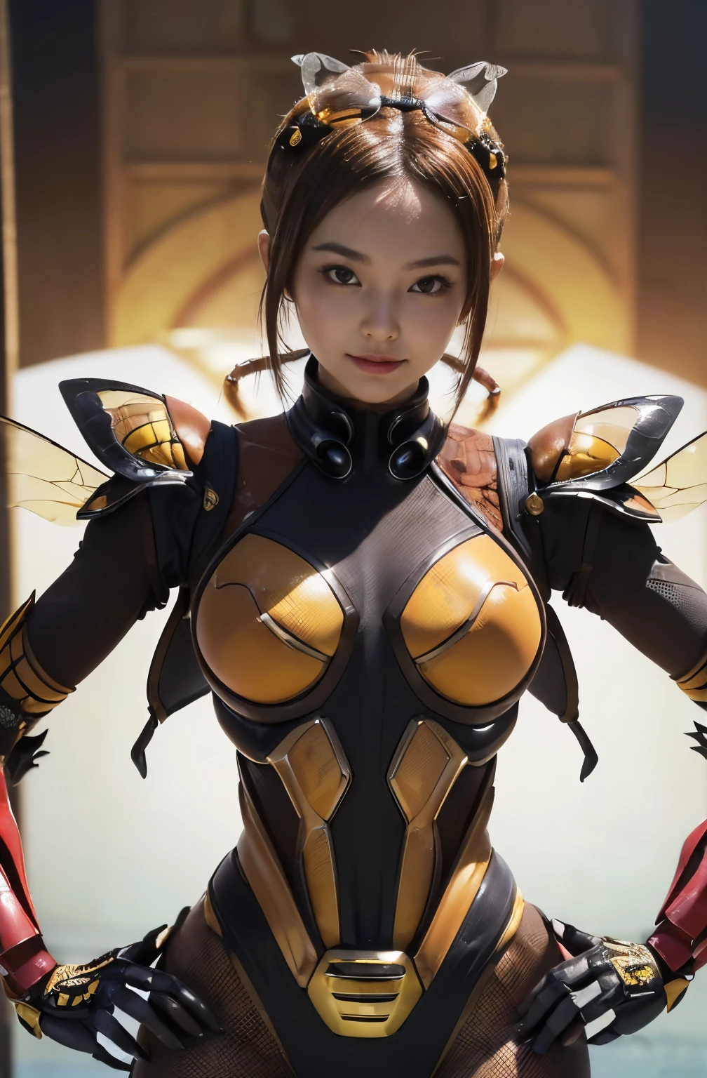(high resolution,masterpiece,best quality,extremely detailed CG, anime, official art:1.4), realistic, photo, amazing fine details, all intricate, gloss and shiny,awesome many layers, 8k wall paper, 3d, sketch, kawaii, illustration,( solo:1.4), perfect female proportion,villainess, (fusion of queen bee and lady:1.4), (queen bee form lady:1.2), (queen bee lady:1.2), (fusion:1.2), (solo:1.4), (evil smile:1.2), muscular, abs, (queen bee exoskeleton bio insect suit:1.4), (queen bee exoskeleton bio insect armor:1.2), (brown transparency queen bee wing:1.4), (brown queen bee antennae:1.3), big breasts