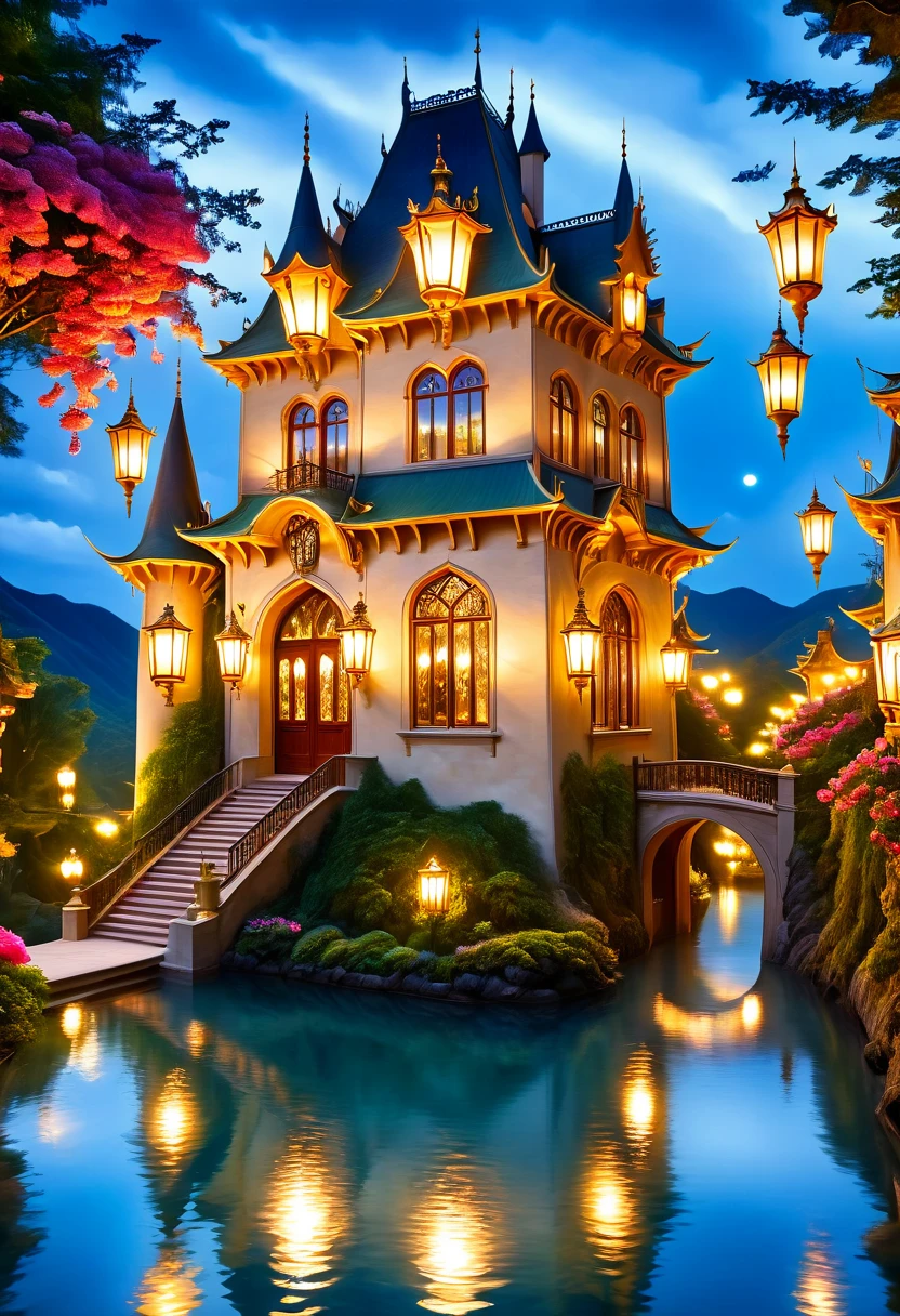 (ein verträumter, bezauberndes Schloss),(magisch, surreal),(leuchtende Farben),(soft, Romantische Beleuchtung),(detaillierte Architektur),(flauschige, schwebende wolken),(majestätisch, hoch aufragende Türme),(aufwendig, kunstvoll geschnitzte Türen und Fenster),(üppig, grüne Gärten),(geheimnisvoll, gewundene Wege),(funkelnd, reflektierender Graben),(traumhafte Atmosphäre),(märchenhafte Kulisse),(empfindlich, blühende Blumen),(Funkelnde Sterne am Nachthimmel),(wunderlich, schwimmende Laternen),(glühend, Buntglasfenster),(shimmering, schillernde Oberflächen),(beeindruckend, Prunktreppe),(Friedlich, ruhige Atmosphäre).