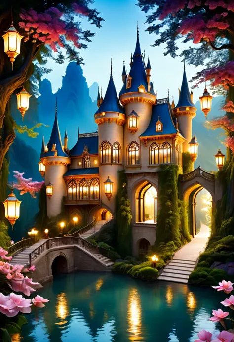 (a dreamy, enchanting castle),(magical, surreal),(vibrant colors),(soft, romantic lighting),(detailed architecture),(fluffy, flo...