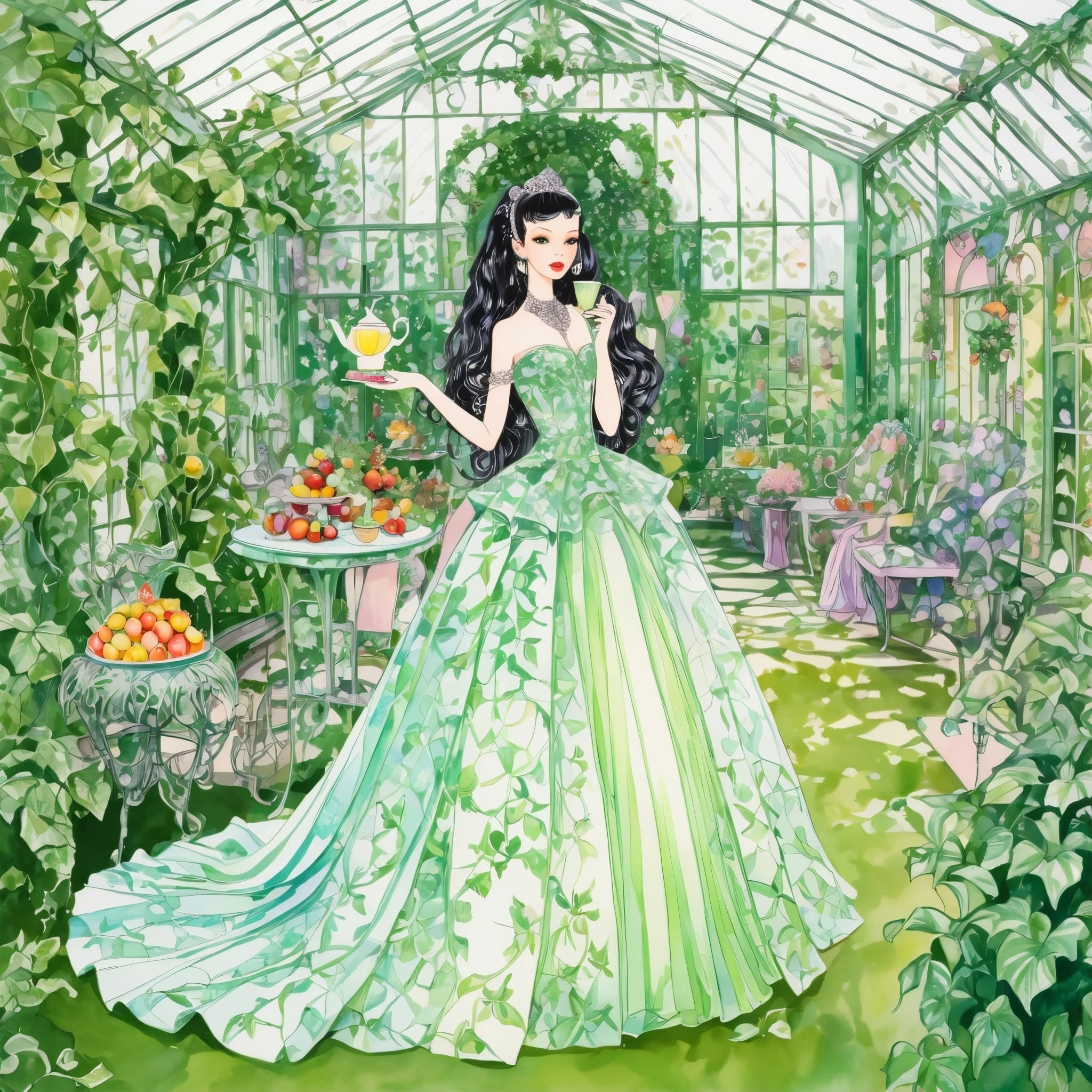 barbie dolls, of different body types and different ethnicities, wear eclectic opulent gowns made of ivy and jewels and pastel tones, sip tea and pick fruit in a magical floral fruit garden, gothic style, iridescent glass green house. 1980s hand-drawn and watercolor anime stills