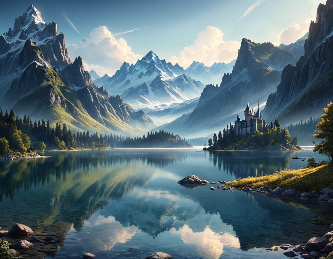 Hyper-detailed, octane rendering of a serene lake mirroring the soaring silhouettes of mountain ranges creating a stunning illusion of an ethereal castle in the distance, brought to life by a digital Ha-artist, encapsulating the essence of an imagined Utopia, volumetric, breathtaking surreal masterpiece, hyperrealism, high resolution, immersive atmosphere, dramatic lighting. Hyperdetalization. A masterpiece.