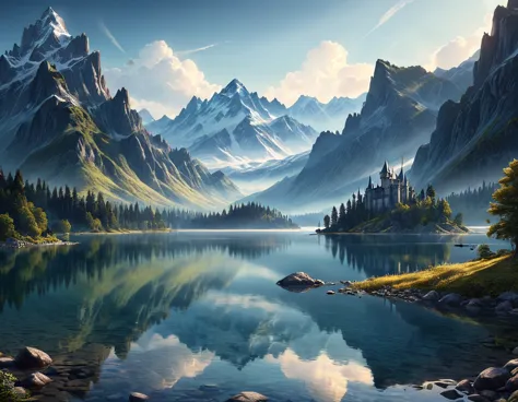 Hyper-detailed, octane rendering of a serene lake mirroring the soaring silhouettes of mountain ranges creating a stunning illus...