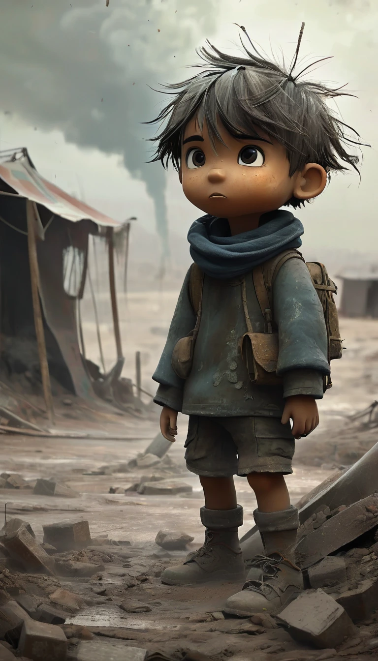 gloomy world, digital painting, artstation, evocative scene depicting a young boy playing in the dust in a post-apocalyptic landscape characterized by makeshift shelters, ominous post-apocalyptic skies, and haunting remnants of the past, makeshift shelters crafted from salvaged materials,  Integrate haunting remnants of the past scattered throughout the scene, such as faded photographs, abandoned toys,