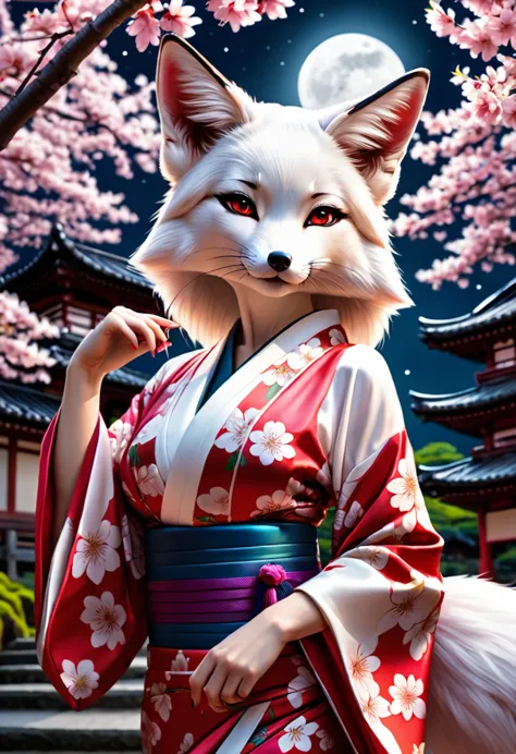 Anthropomorphic sexy white fox  dressed as a sexy Japanese geisha, visible cleavage, wearing an open decorated kimono, in a cher...