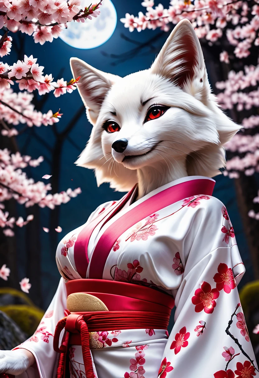 Zorro blanco antropomorfo sexy vestido como una sexy geisha japonesa, escote visible, vistiendo un kimono abierto decorado, en un bosque de cerezos en flor, A la luz de la luna, Vista desde abajo mirando hacia arriba, Fotorrealista, fotografía de alta calidad, 