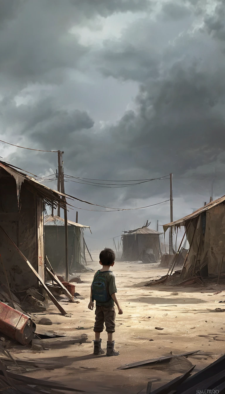 gloomy world, digital painting, artstation, evocative scene depicting a young boy playing in the dust in a post-apocalyptic landscape characterized by makeshift shelters, ominous post-apocalyptic skies, and haunting remnants of the past, makeshift shelters crafted from salvaged materials, Integrate haunting remnants of the past scattered throughout the scene, such as faded photographs, abandoned toys,
