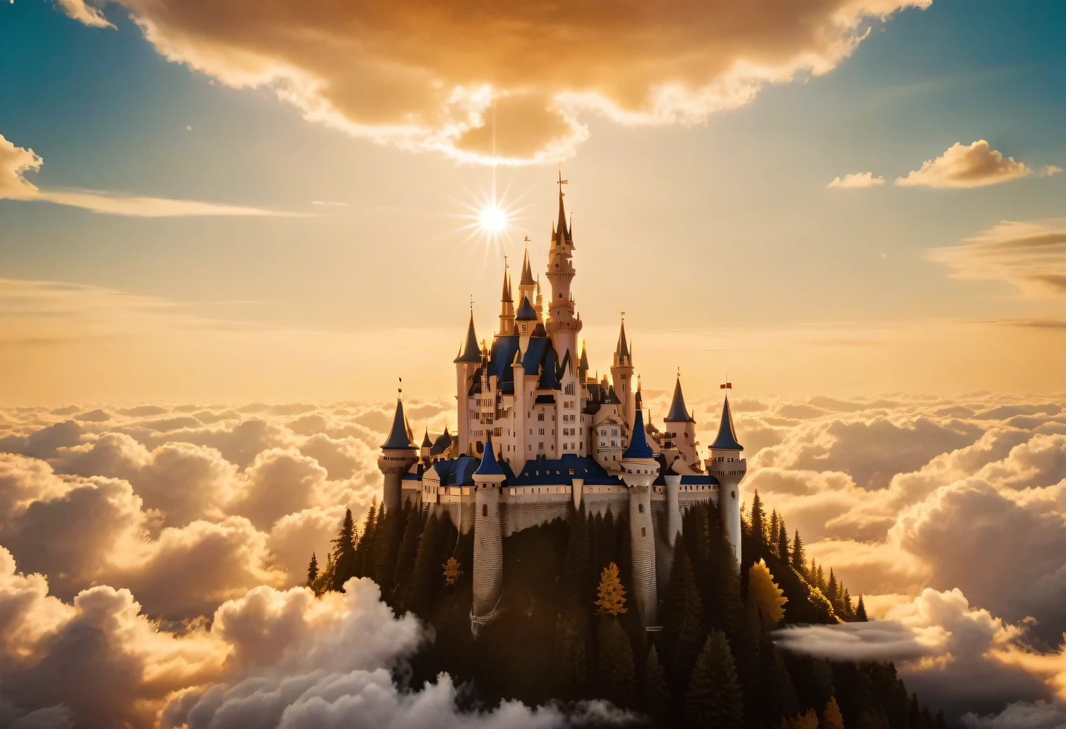 analoge Fotografie, Da ist ein leuchtendes Traumschloss am Himmel zwischen den Wolken, Dream Castle ist sehr schön und exquisit, umgeben von Wolken und goldenem Glanz und goldenem Licht, Strahlen goldenen Lichts strahlen vom Traumschloss aus, Realistisch, ausführlich, hohe Auflösung, 32k,analoges Foto