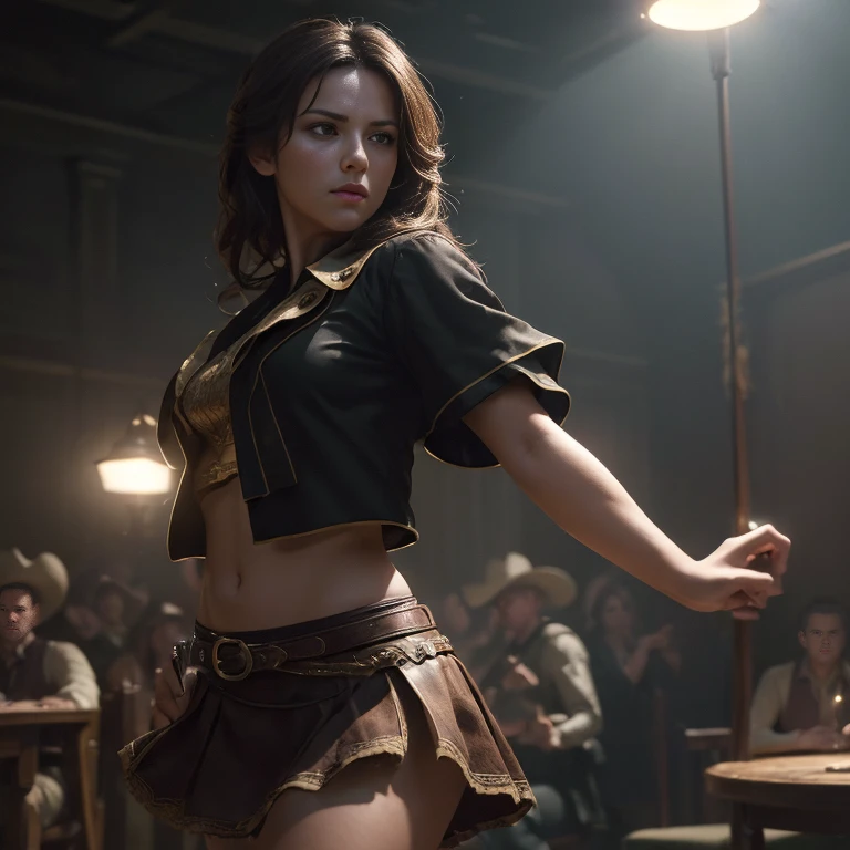 (master piece:1.5), (best quality:1.5), (exquisite lighting and shadow, highly dramatic picture, cinematic lens effect) (Photorealistic picture) (Card game image) 8k, wallpaper, dynamic pose, a brunette girl, cowboy dancing girl, mini skirt, highly detailed, realistic, cinematic lighting, studio quality
