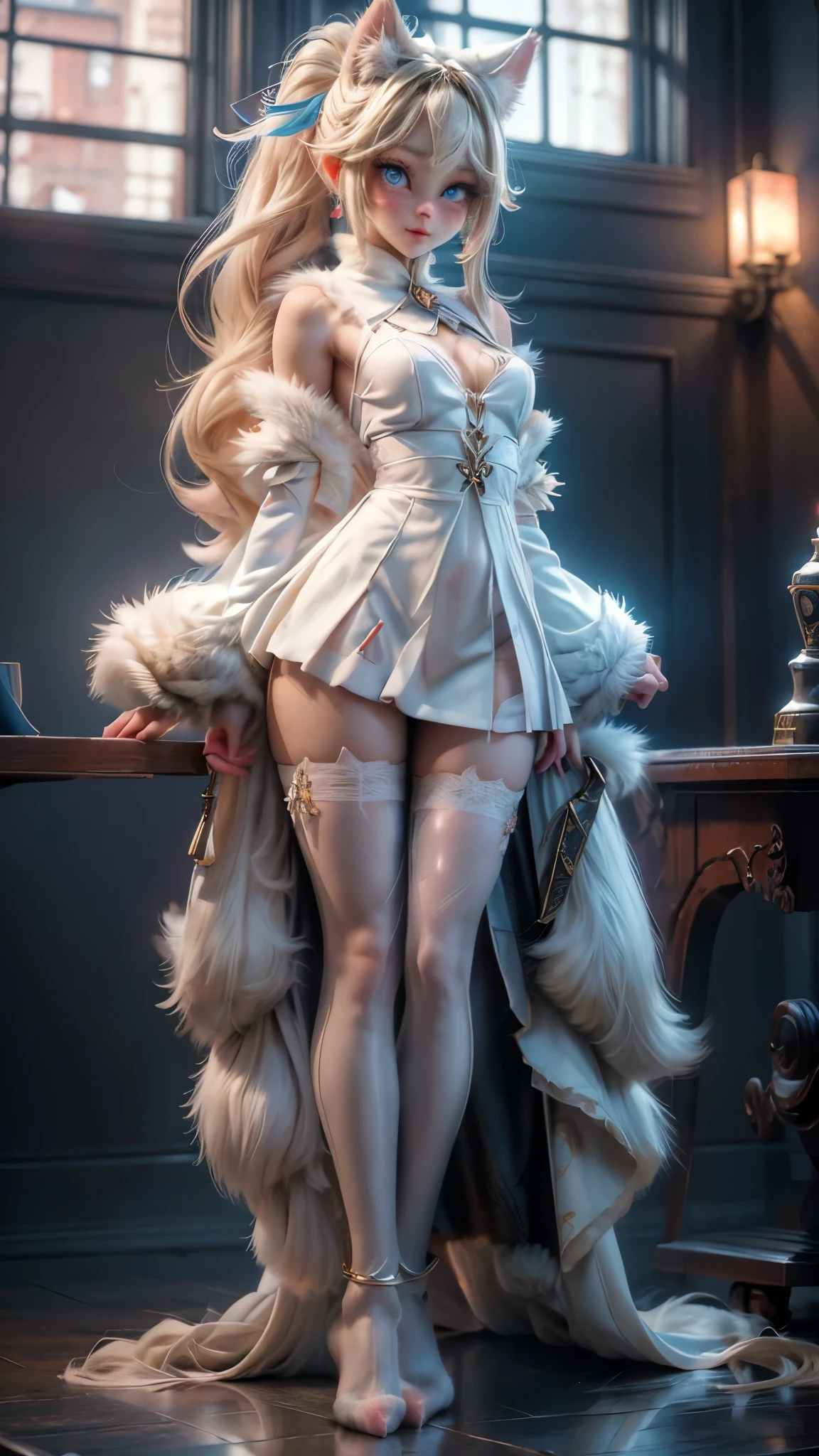Full body photo, （in a panoramic view：1.2，full bodyesbian：1.2）( beautiful detailed light blue eyes ) ， ( girl Full body :1.7) ( incredible detailtremely beautifull Merry Roze face ) 1个small Breast Girl，anatomy correct，cat-shaped headdress， with tween Ponytail blonde hair,，ssmile， White miniskirt (see-through miniskirt clothes :1.2) (furry girl:1.7)( Features of the lower body animal ) ( beast girl feet )、pantyhose, bell Jewelry feet, ( Wearing cats shaped costume on feet ), ( feet focus:1.3) perfectly proportions，extremelydetailedface，（Best quality at best，high detal，tmasterpiece，offcial art，movie light effect，4K 
