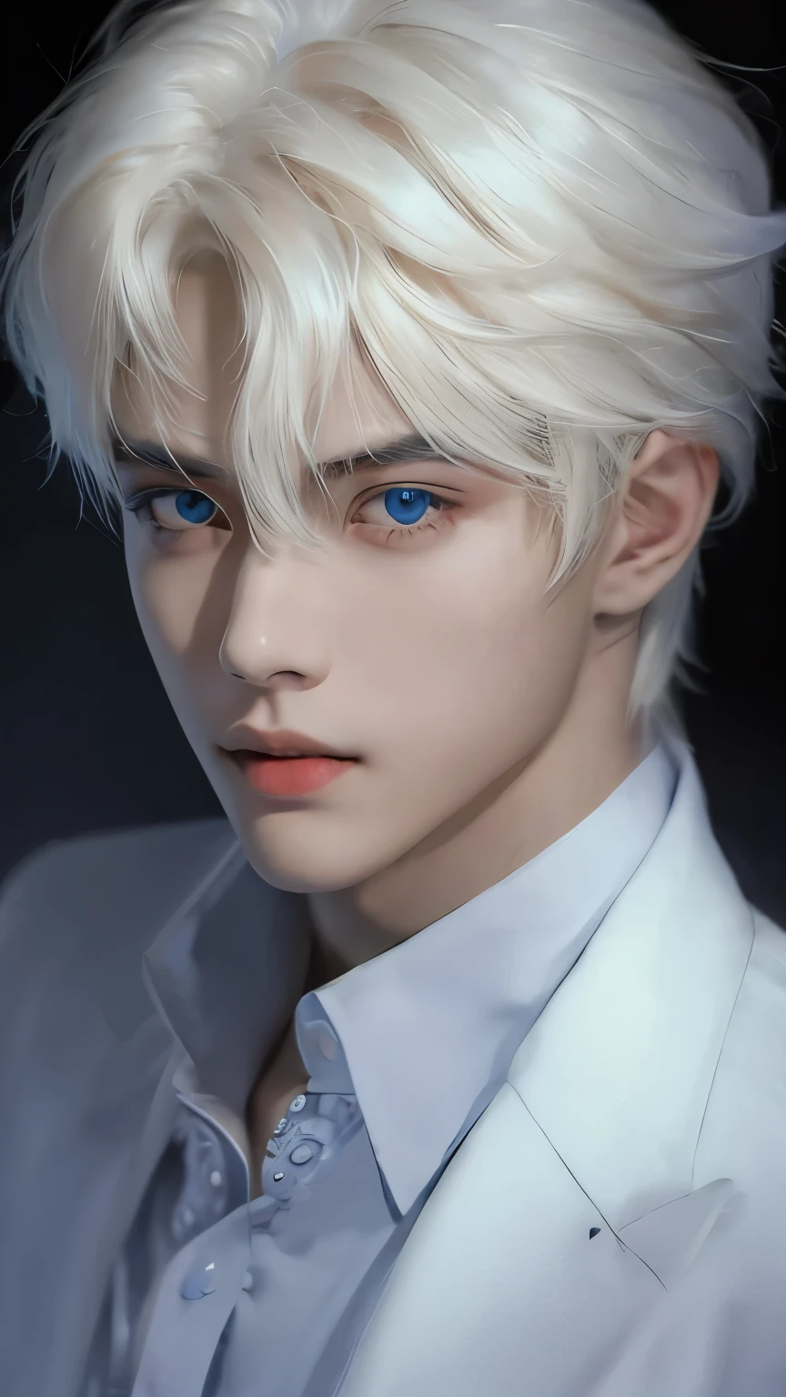 Un primer plano de una persona con cabello blanco y ojos azules, Chico alto con ojos azules, Chico guapo en el arte, Chico rubio con ojos amarillos, por Yang J, beautiful androgynous prince, inspirado por Yanjun Cheng, Impresionante retrato de cara de anime, delicate androgynous prince, por Ni Tian, Estilo masculino, Estilo Juego de Tronos