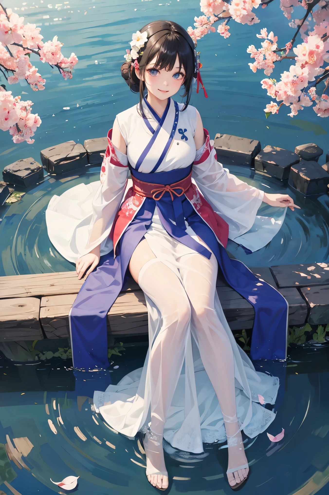 A girl, (beautiful eyes), smiling, Hanfu, (lace uniform), cute and dreamy, full body, (streams, clear water), (beautiful avatar photography, digital art, detailed description, best quality, 8K, ultra clear), pantyhose