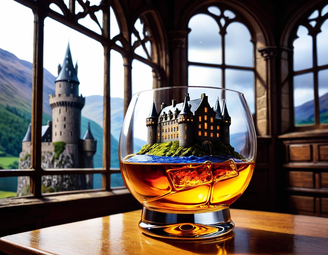 Diorama . There's a Scottish castle in a glass of whisky.Hyperdetalization. A masterpiece.