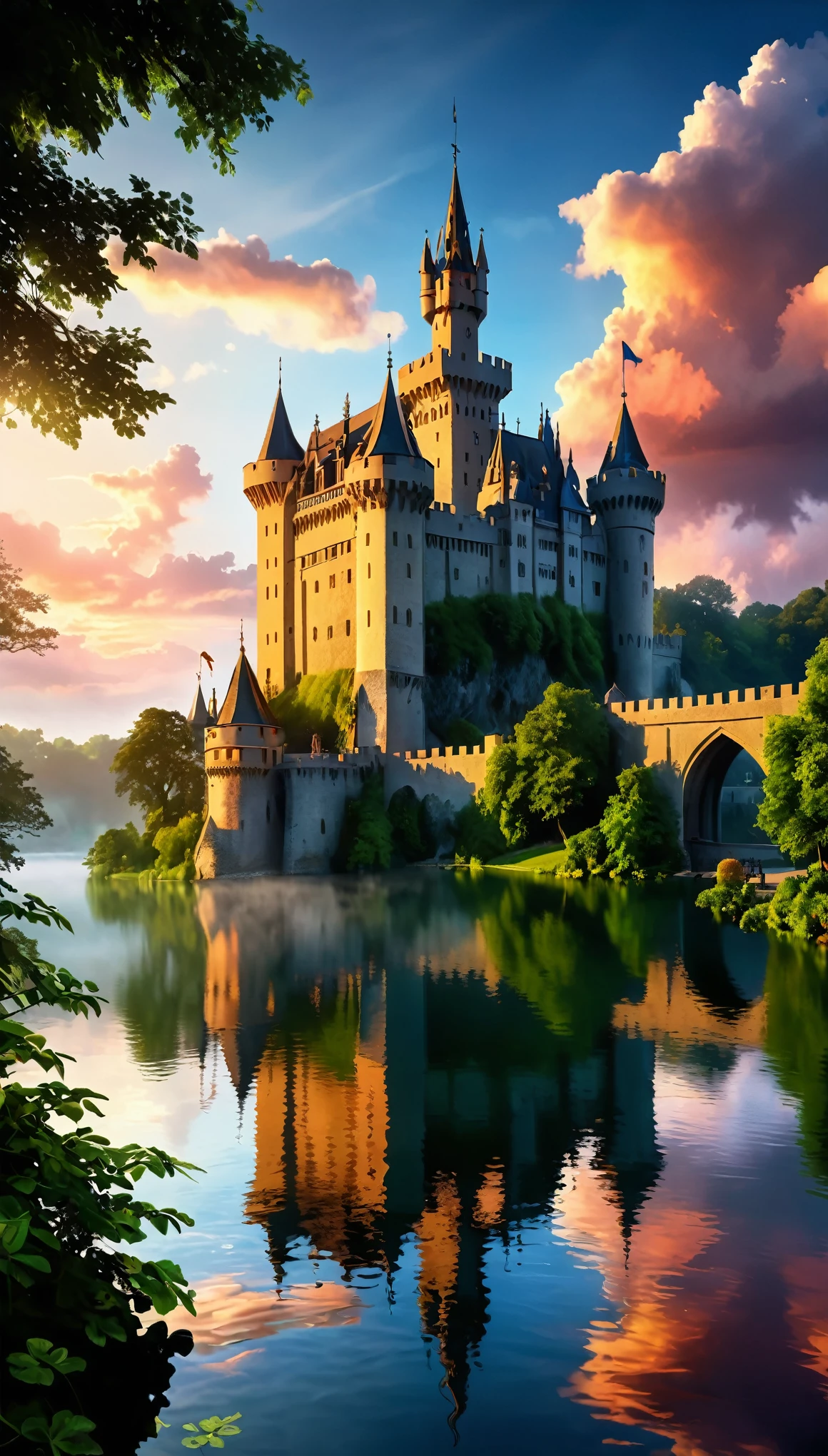 (highres,best quality:1.2),dream castle,medieval castle with futuristic tech,parking for cars,helicopter landing,boat on great lake,portcullis,gargoyles,battlements,turrets,drawbridge,medieval architecture,great view,spacious courtyard,winding staircase,massive gates,glistening lake,dark and brooding atmosphere,majestic flag waving in the wind,spires reaching the sky,floodlights illuminating the castle,clouds swirling ominously above,reflections in the calm waters of the lake,mysterious mist engulfing the surroundings,vibrant greenery surrounding the castle,perfect combination of history and technology,enchanted aura,sparkling lights giving a magical touch,crimson sunset casting a warm glow,picturesque surroundings,entrancing melodies filling the air,whispers of ancient stories,secrets hidden within the castle walls,peaceful yet exhilarating presence,awe-inspiring architecture,grand and imposing structure,endless possibilities within the castle's walls,promise of adventure and mystery,tranquil oasis amidst a bustling world,unforgettable experience waiting to unfold.