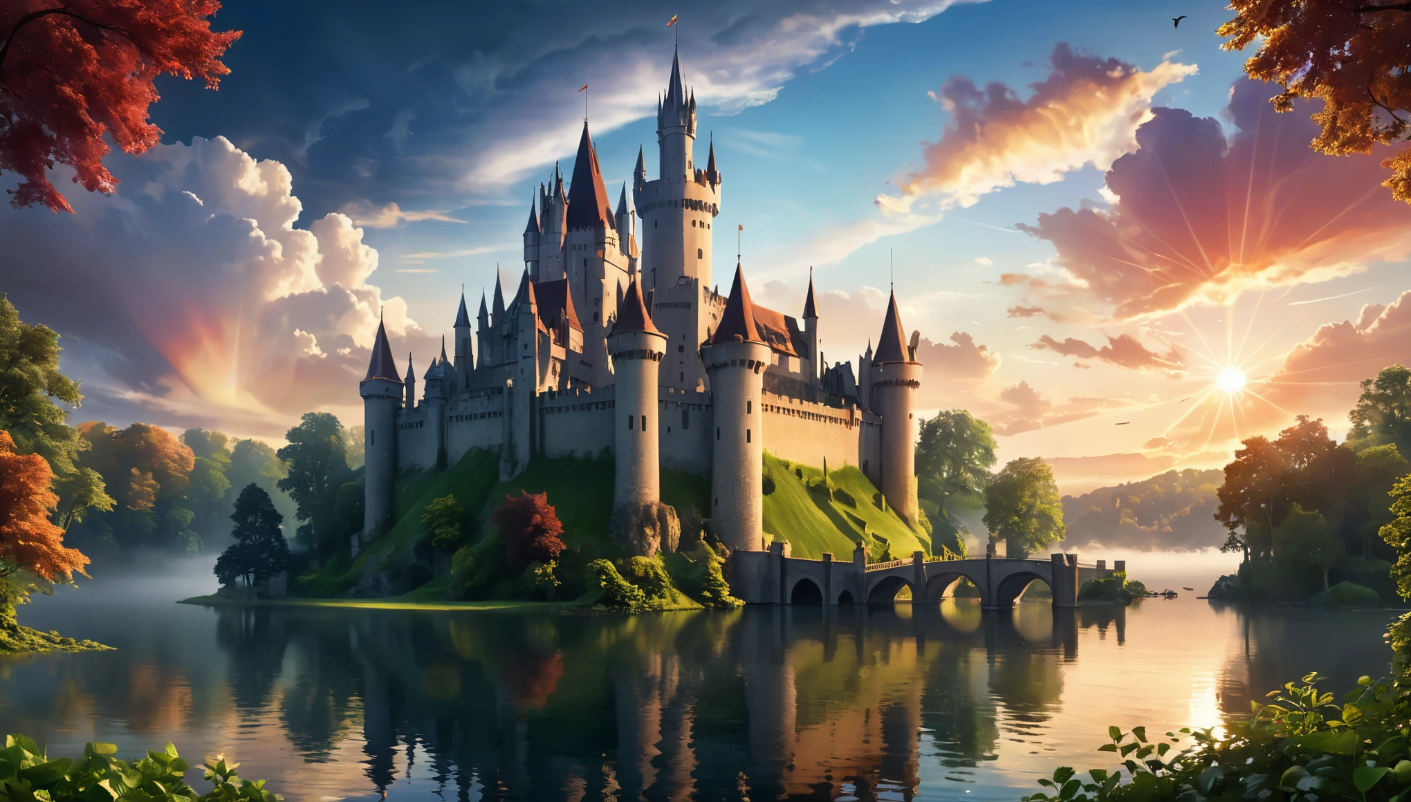 (highres,best quality:1.2),dream castle,medieval castle with futuristic tech,parking for cars,helicopter landing,boat on great lake,portcullis,gargoyles,battlements,turrets,drawbridge,medieval architecture,great view,spacious courtyard,winding staircase,massive gates,glistening lake,dark and brooding atmosphere,majestic flag waving in the wind,spires reaching the sky,floodlights illuminating the castle,clouds swirling ominously above,reflections in the calm waters of the lake,mysterious mist engulfing the surroundings,vibrant greenery surrounding the castle,perfect combination of history and technology,enchanted aura,sparkling lights giving a magical touch,crimson sunset casting a warm glow,picturesque surroundings,entrancing melodies filling the air,whispers of ancient stories,secrets hidden within the castle walls,peaceful yet exhilarating presence,awe-inspiring architecture,grand and imposing structure,endless possibilities within the castle's walls,promise of adventure and mystery,tranquil oasis amidst a bustling world,unforgettable experience waiting to unfold.