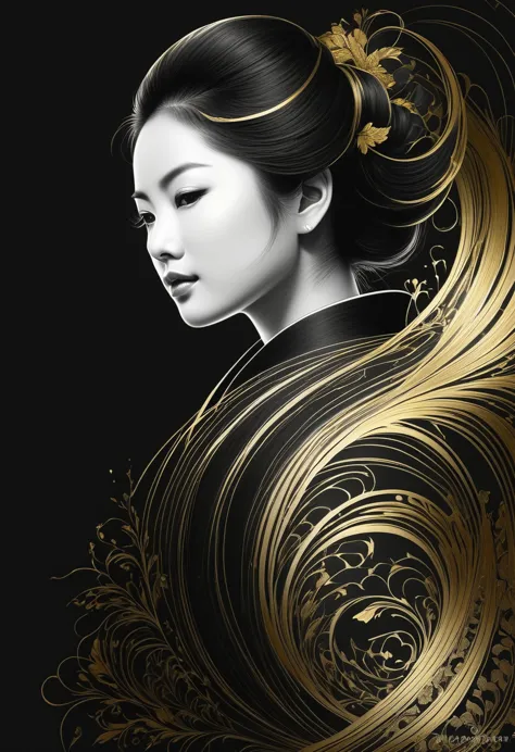 black pencil shading, charcoal drawing, tinted paper, pencil drawing, brutal dark b/w color scheme, gold patterns,
Yabusame, a b...