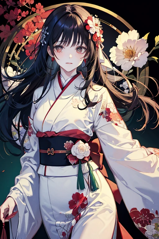 She wore a white kimono with red flowers painted on it.、Boy with black hair and green eyes