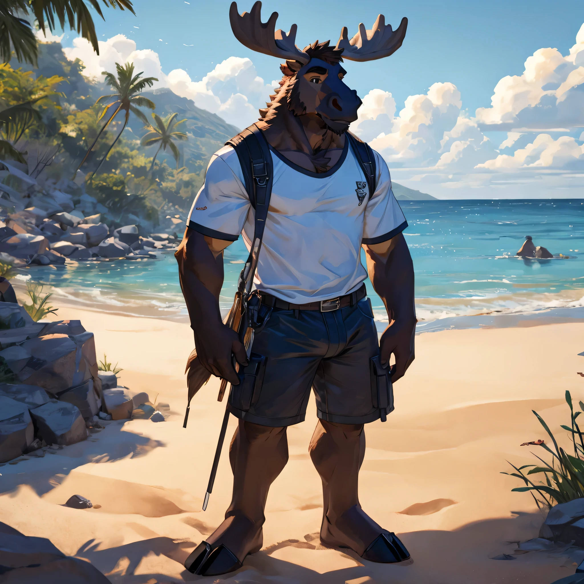 Araffe on the beach with a gun and a deer mask - SeaArt AI