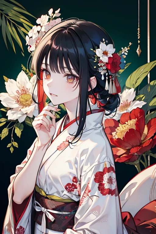 She wore a white kimono with red flowers painted on it.、Boy with black hair and green eyes