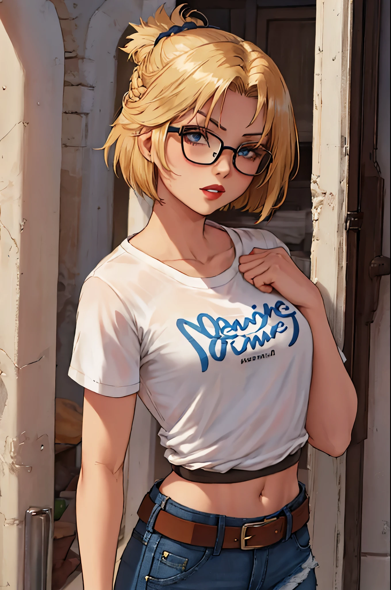 leonie pinelli, Blonde hair ,short hair ,1girl, solo, standing, black t-shirt, white shirt, blue jeans, belt, lipstick, eyewear on head,
