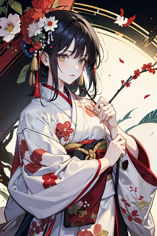 She wore a white kimono with red flowers painted on it.、Boy with black hair and green eyes