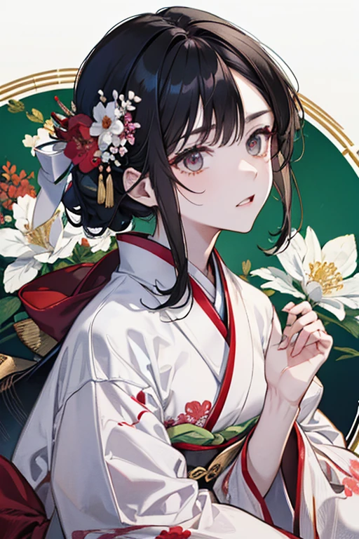 She wore a white kimono with red flowers painted on it.、Boy with black hair and green eyes