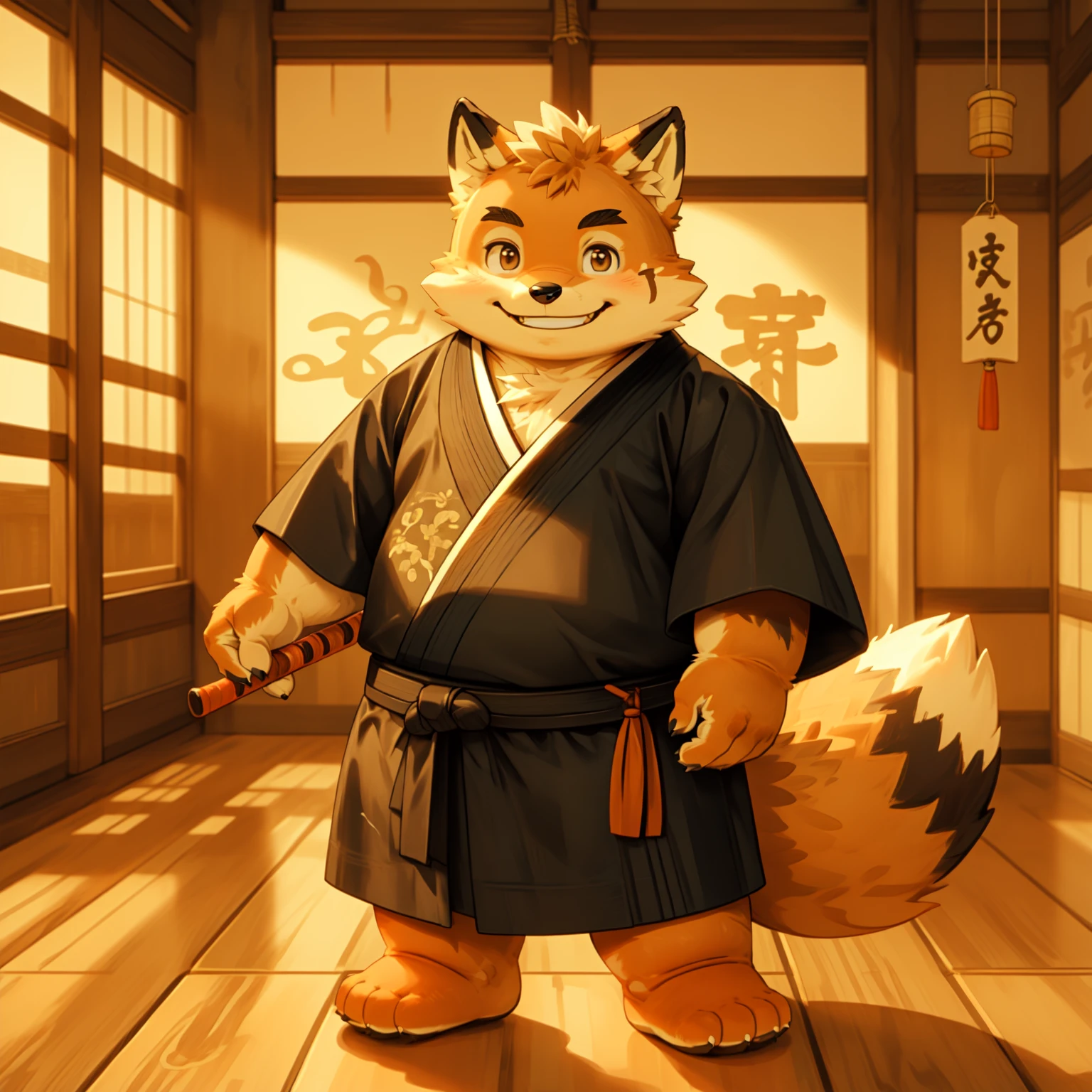 New Jersey 5 Furry，fox，Personal portrait,Exquisite，Chubby，Orange plush fur，Cute face，Black eyebrows，child，Japanese Dojo，Wooden floor，Calligraphy and Painting，Traditional Samurai Clothing，Holding a wooden sword，practice，effort，Smile