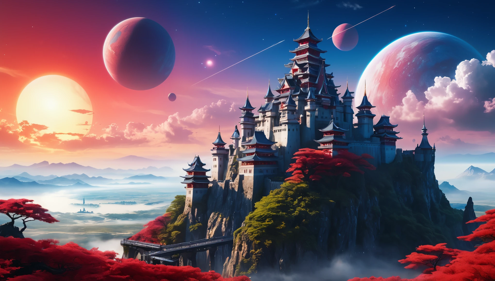 (best quality,4k,8k,highres,masterpiece:1.2),ultra-detailed,(realistic,photorealistic,photo-realistic:1.37), A dream castle, a mythical Japanese-style castle in a sci-fi world, (white, red, blue, black) wallls and roofs, an alien planet, a beautiful and breathtaking view, a beautifully situated castle on the edge of a hill, the colorful sky of an alien planet, strange but beautiful sunset, modern technology installed around the castle, flying machines in sky