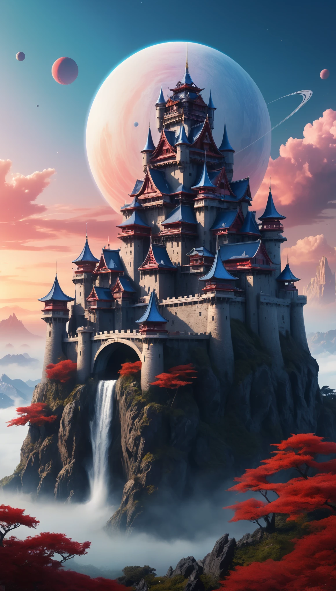 (best quality,4k,8k,highres,masterpiece:1.2),ultra-detailed,(realistic,photorealistic,photo-realistic:1.37), A dream castle, a mythical Japanese-style castle in a sci-fi world, (white, red, blue, black) wallls and roofs, an alien planet, a beautiful and breathtaking view, a beautifully situated castle on the edge of a hill, the colorful sky of an alien planet, strange but beautiful sunset, modern technology installed around the castle, flying machines in sky