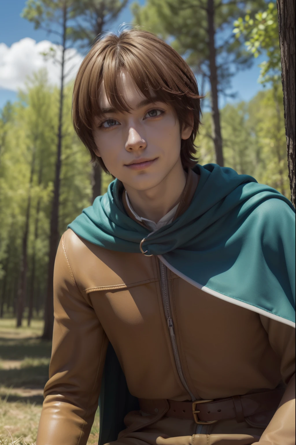 keyaru, keyaru, cabello corto, (Brown eyes:1.5), By the chestnut, enfoque masculino, sonrisa, sonrisa,
ROMPER cape, armadura,
ROMPER outdoors, bosque, naturaleza, grass, trees, sol, cielo, nubes,
ROMPER looking at viewer, (tiro de vaquero:1.5),
ROMPER (Obra maestra:1.2), mejor calidad, high resolution, fondo de pantalla de unidad 8k, (illustration:0.8), (hermosos ojos detallados:1.6), cara extremadamente detallada, Perfect lighting, CG extremadamente detallado, (manos perfectas, perfect anatomy),