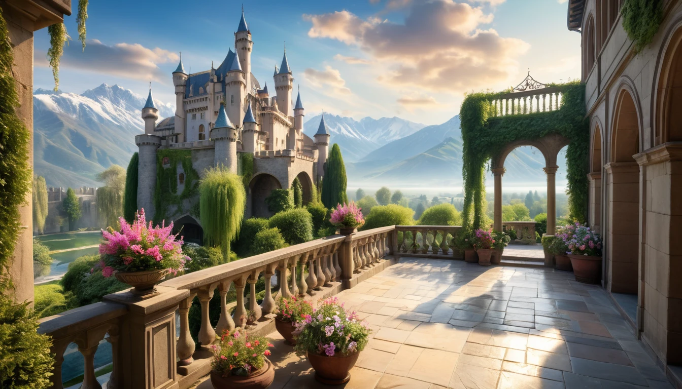 (best quality,4k,8k,highres,masterpiece:1.2),ultra-detailed,(realistic,photorealistic,photo-realistic:1.37),view from the castle balcony,courtyard of the castle of dreams,great castle,magical view,unforgettable moment,cobblestone courtyard,majestic architecture,illuminated by sunlight,ancient stone walls,ornate decorations,tall turrets and spires,hint of mist in the air,lush greenery, blooming flowers,vibrant colors,overlooking the courtyard,smooth marble balcony,fine details of the castle,shadows created by the sun,peaceful atmosphere(opposite of gloomy),gorgeous sky,fluffy clouds,picturesque mountains in the distance,weeping willow trees swaying gently,butterflies fluttering around,lively fountains,warm sunlight streaming through,whispers of enchantment,dreamlike ambiance,magical creatures(fairies,unicorns),sense of wonder and awe,sense of tranquility and serenity.