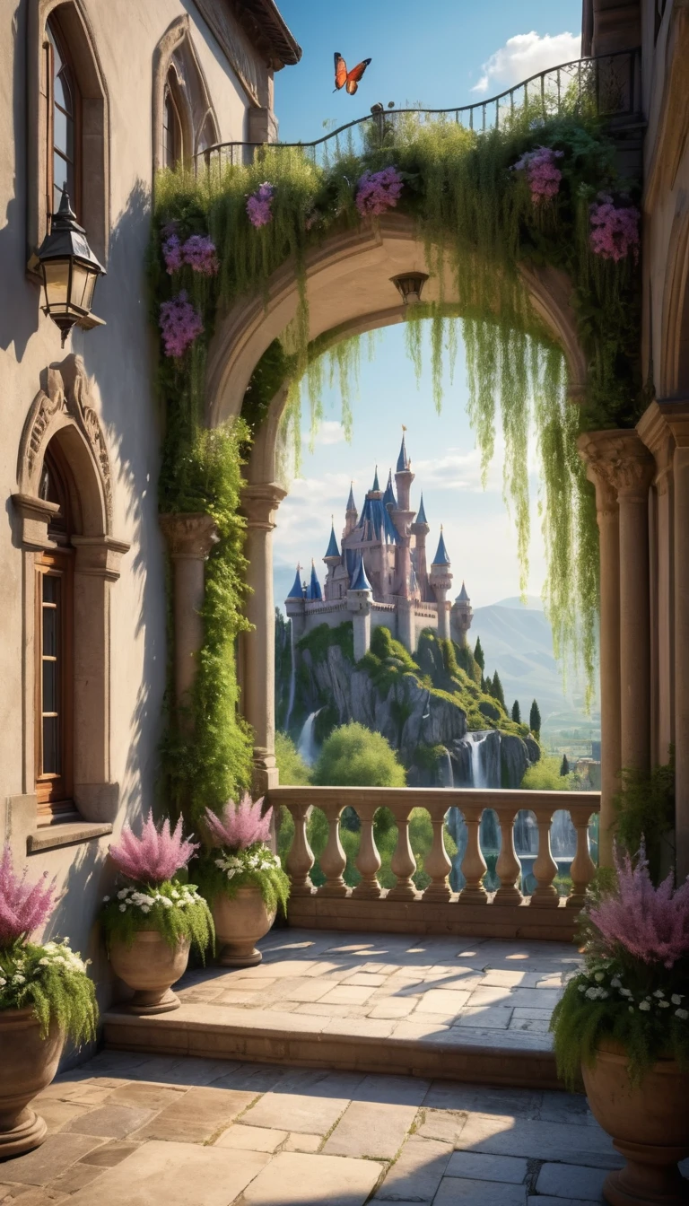 (best quality,4k,8k,highres,masterpiece:1.2),ultra-detailed,(realistic,photorealistic,photo-realistic:1.37),view from the castle balcony,courtyard of the castle of dreams,great castle,magical view,unforgettable moment,cobblestone courtyard,majestic architecture,illuminated by sunlight,ancient stone walls,ornate decorations,tall turrets and spires,hint of mist in the air,lush greenery, blooming flowers,vibrant colors,overlooking the courtyard,smooth marble balcony,fine details of the castle,shadows created by the sun,peaceful atmosphere(opposite of gloomy),gorgeous sky,fluffy clouds,picturesque mountains in the distance,weeping willow trees swaying gently,butterflies fluttering around,lively fountains,warm sunlight streaming through,whispers of enchantment,dreamlike ambiance,magical creatures(fairies,unicorns),sense of wonder and awe,sense of tranquility and serenity.