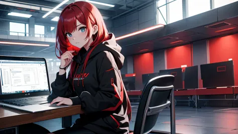 sitting working on a laptop、A young woman with red hair wearing a black hoodie with the hood up, Her power is technology, Semi r...