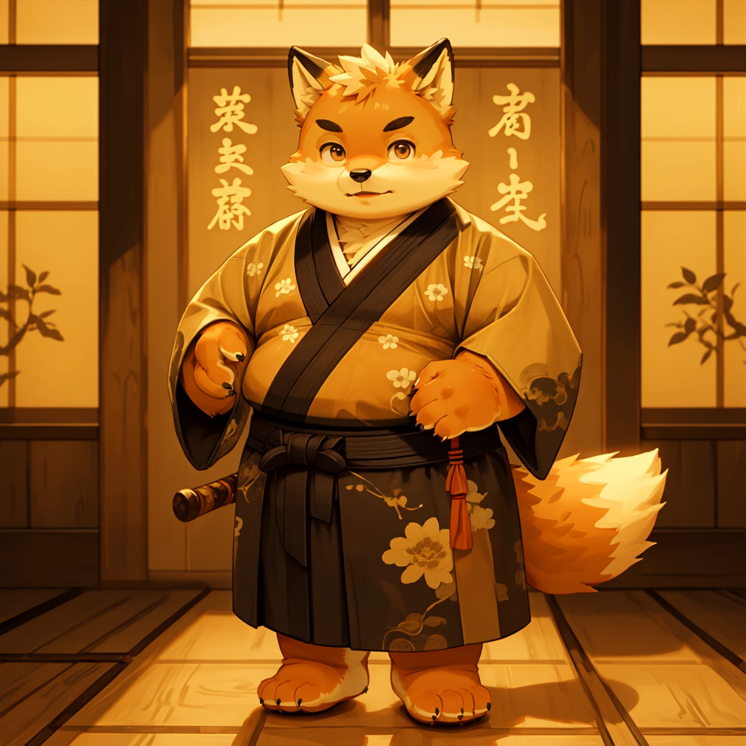 New Jersey 5 Furry，fox，Personal portrait,Exquisite，Chubby，Orange plush fur，Cute face，Black eyebrows，child，Japanese Dojo，Wooden floor，Calligraphy and Painting，Traditional Samurai Clothing，cute