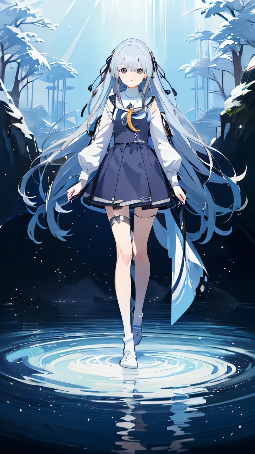 ((highest quality)), ((masterpiece)), (detailed), Perfect Face 「Has long light blue hair、A beautiful girl with big, bright eyes。She has an introverted and mysterious vibe.、Wear cute and sexy clothes、I love knee-high socks。Her expression is calm、Your smile is beautiful。((Stand facing forward and able to see your feet))。」