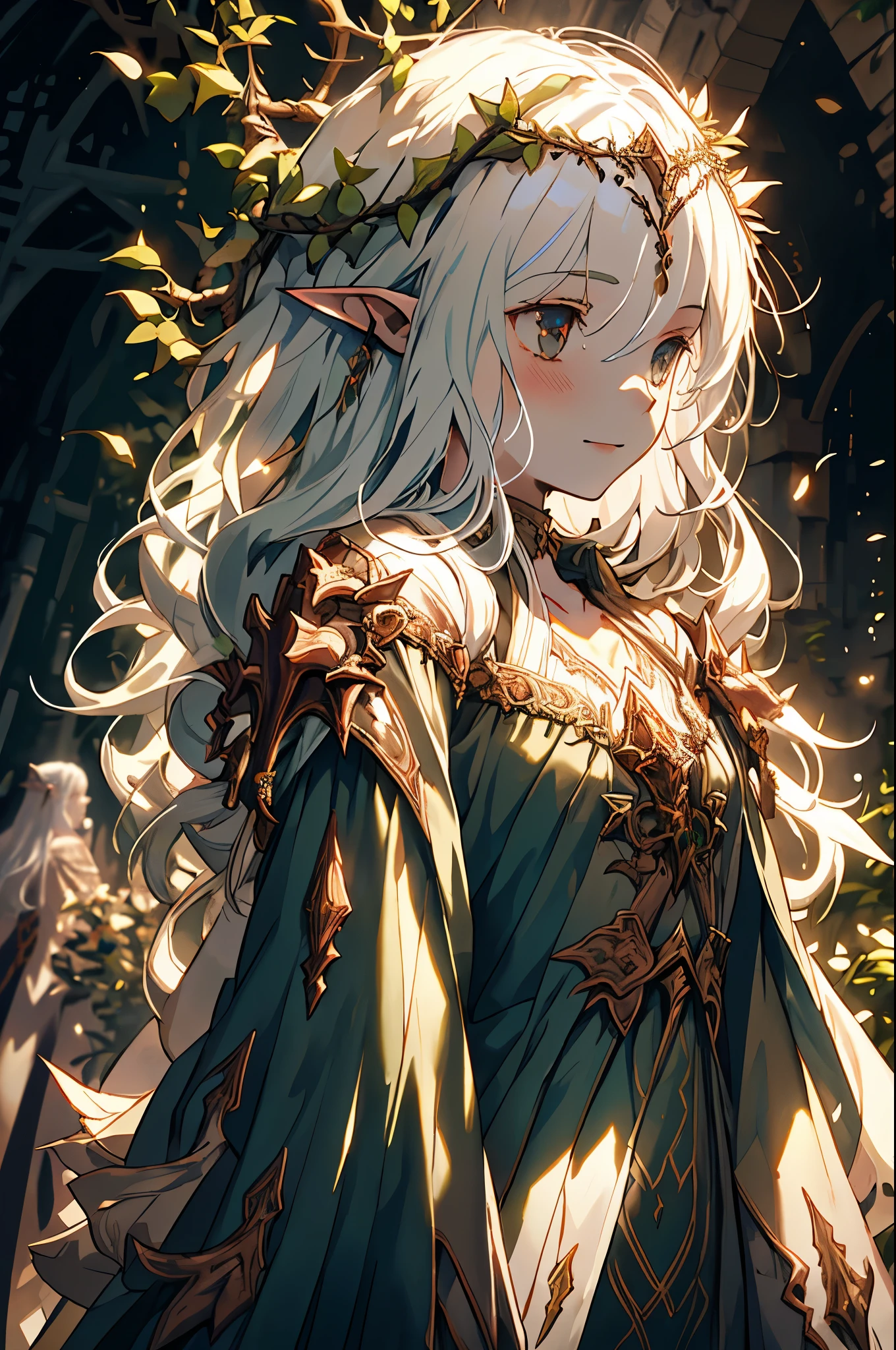 elven, young girl, teenager, flat chest, 1 girl, druid, wreath of thorns, mage armor made from flowers, white hair, long hair, pointy ears, light smile, cinematic lighting, god rays, UHD, high details, gloomy lighting