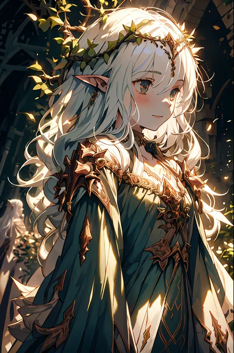 elven, young girl, teenager, flat chest, 1 girl, druid, wreath of thorns, mage armor made from flowers, white hair, long hair, p...