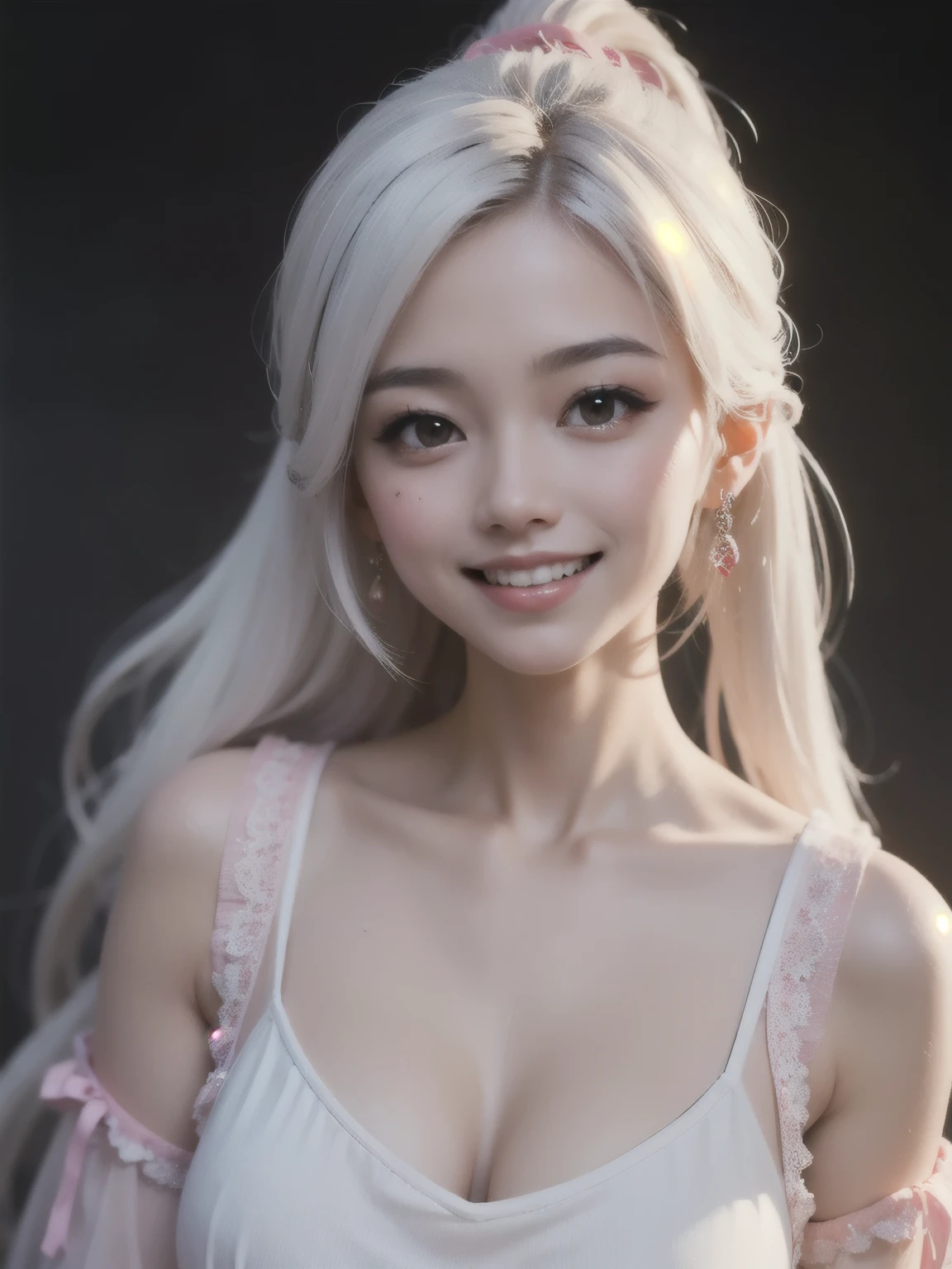 ((best quality)), ((masterpiece)), (detailed), perfect face. White hair. Ponytail. Asian girl. Ulzzang. Pink eyes. Glowing eyes. Smile. V neck. 