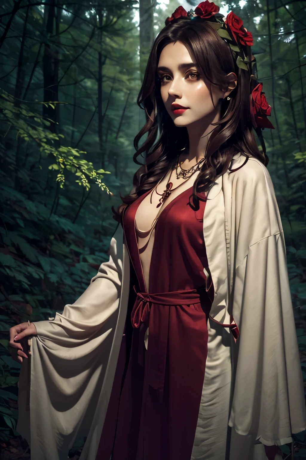 Rahja consecrated, young woman, brown curly hair, simple linen undergarment, over it a red transparent silk robe, priestess robe, necklace with rose, sensual figure, in a forest, priestess, confused, sensual red lips, deep brown eyes,