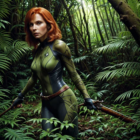 (general)A girl in a dinosaur-infested jungle, Gates McFadden(age 25) is a scantily clad dinosaur hunter, fiercely holding high-...