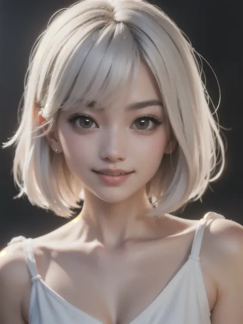 ((best quality)), ((masterpiece)), (detailed), perfect face. White hair. Anime girl. Short hair. Asian girl. Ulzzang. Pink eyes....