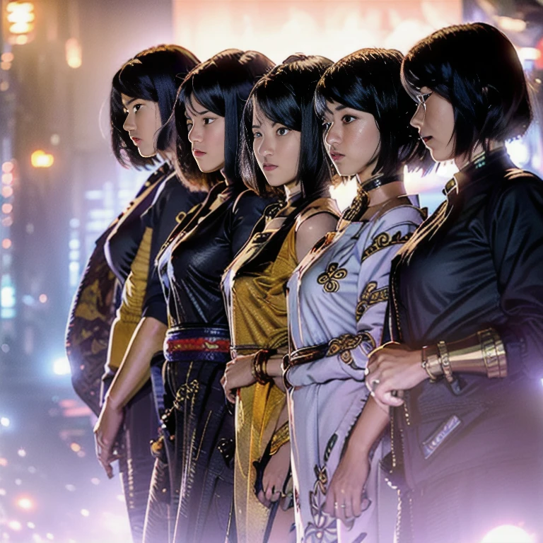 　masterpiece　Detailed Images　Precision Images　Detailed facial depiction　 ((( Group photo of KAWAII girls ))), ((Highly detailed KAWAII facial variations)) 　A group of women standing in a row　Many women lined up　10 women in a row:1.5　Latex dresses　sunset　city