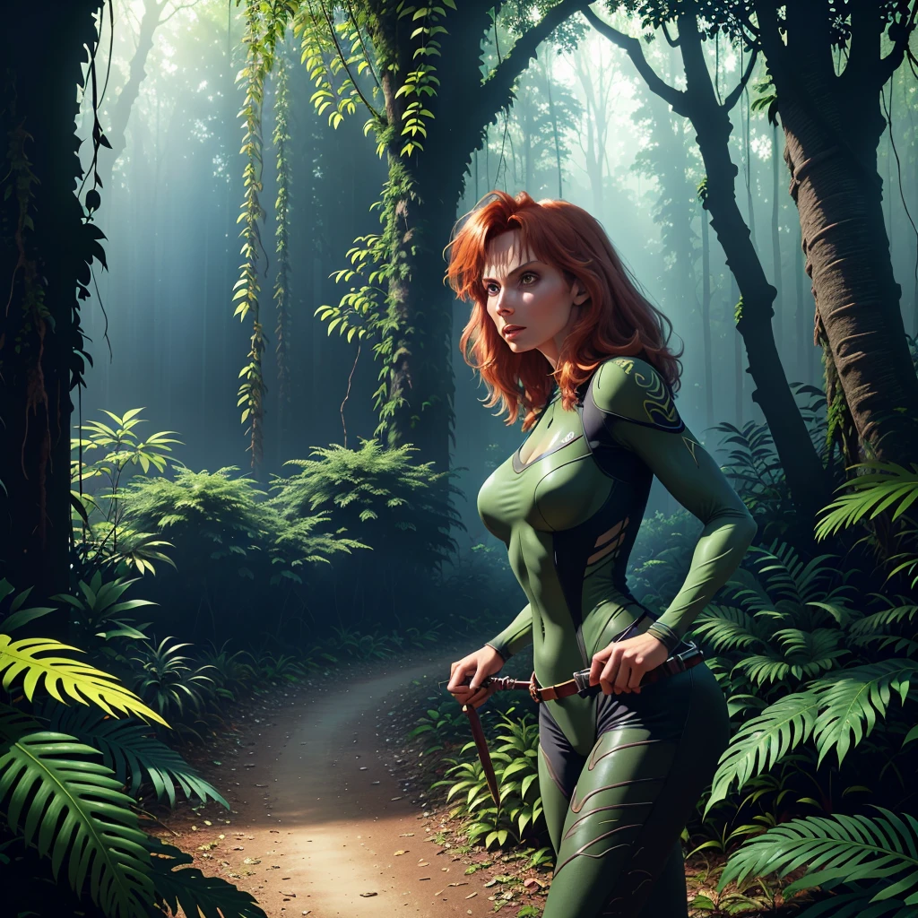 (general)A girl in a dinosaur-infested jungle, Gates McFadden(age 25) is a scantily clad dinosaur hunter, fiercely holding high-tech weapons and a chain sword. Her sharp gaze and determined expression show her confidence and bravery. The jungle is lush and overgrown with towering ancient trees and vines. Sunlight streams through the dense foliage, creating dramatic shadows on the jungle floor. (extra details)The air is thick with humidity, and the sounds of chirping insects and the distant roars of dinosaurs fill the air. In the background, a massive T-Rex is partially visible, its menacing jaws and sharp teeth glistening. (image quality)The scene is depicted with the best quality, showcasing ultra-detailed and realistic visuals. Every leaf and texture is masterfully rendered, displaying incredible attention to detail. The artwork exudes a photorealistic quality, capturing the intricate features of both the character and the environment. (art style)The artwork employs a dynamic and cinematic style, resembling illustrations seen in action-packed graphic novels. The vibrant and saturated color palette adds intensity to the scene, emphasizing the danger and excitement of the hunt. (light)The lighting is carefully designed, with rays of sunlight filtering through the dense canopy and illuminating certain areas of the jungle. The play of light and shadow adds depth and dimension to the overall composition.