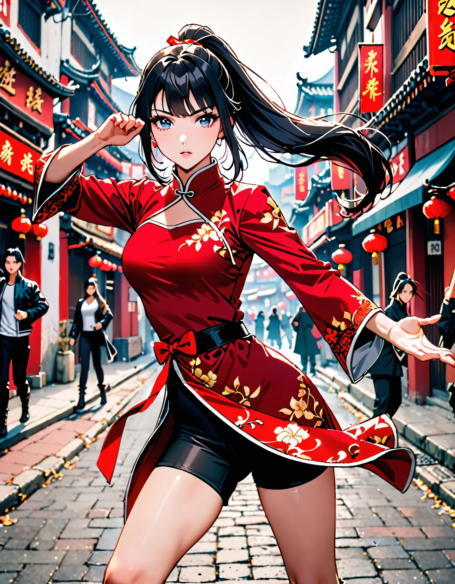 best quality, masterpiece, highres, wuxia, 1girl, solo, solo focus, (black hair, long hair, ponytail), grey eyes, red china dress, red bow, black biker shorts, super gorgeous face, super gorgeous eye, super gorgeous hair, kung-fu fight, boots, full body shot, chinatown street backdrop