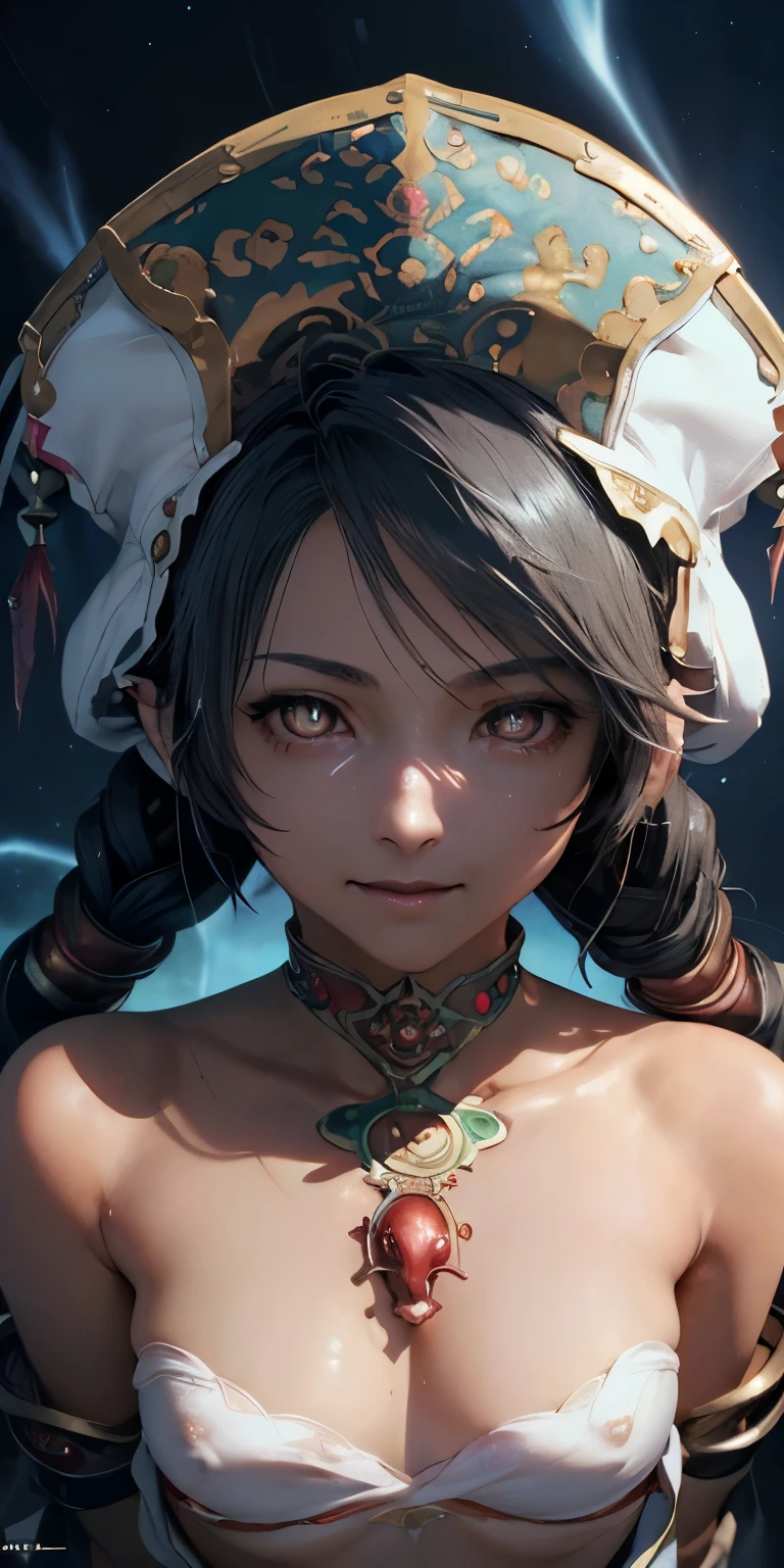 (masterpiece, best quality:1.3), (final fantasy artwork concept:1.5), (upper body:1.3), perfect face, expressive eyes, 1girl, looking at viewer, 14 years old, (slim body, small breast:1.3), beautiful, anime, girl, lora, talim, 1girl, dark skin, black hair, braid pigtails, white hat, arabic clothes, see-through, (covering chest by hands:1.5), (corrupt, brainwashed, hypnotized, mind controlled:1.5), (evil smile:2.0), (big cute eyes:1.5), (empty eyes, simple eyes, glowing red pupils:2.0), (crotch tattoo, glowing tattoo:1.5), (cinematic lighting, fairy tale, realistic, dream-like, enchanting atmosphere:1.5), (fantastic and beautiful night sky, abandoned park:1.5),