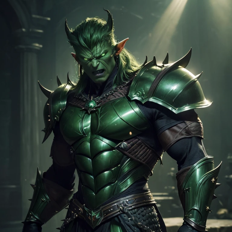 (master piece:1.5), (best quality:1.5), (exquisite lighting and shadow, highly dramatic picture, cinematic lens effect) (Photorealistic picture) 8k, wallpaper, dynamic pose, a big ears green goblin knight wearing a pointy armor with spikes, highly detailed, realistic, cinematic lighting, studio quality
