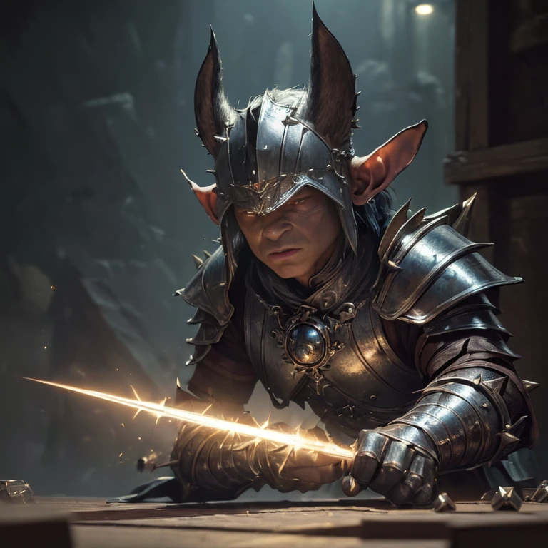 (master piece:1.5), (best quality:1.5), (exquisite lighting and shadow, highly dramatic picture, cinematic lens effect) (Photorealistic picture) (Card game image) 8k, wallpaper, dynamic pose, a big ears shorty goblin warrior wearing a pointy and damaged silver armor with spikes, highly detailed, realistic, cinematic lighting, studio quality
