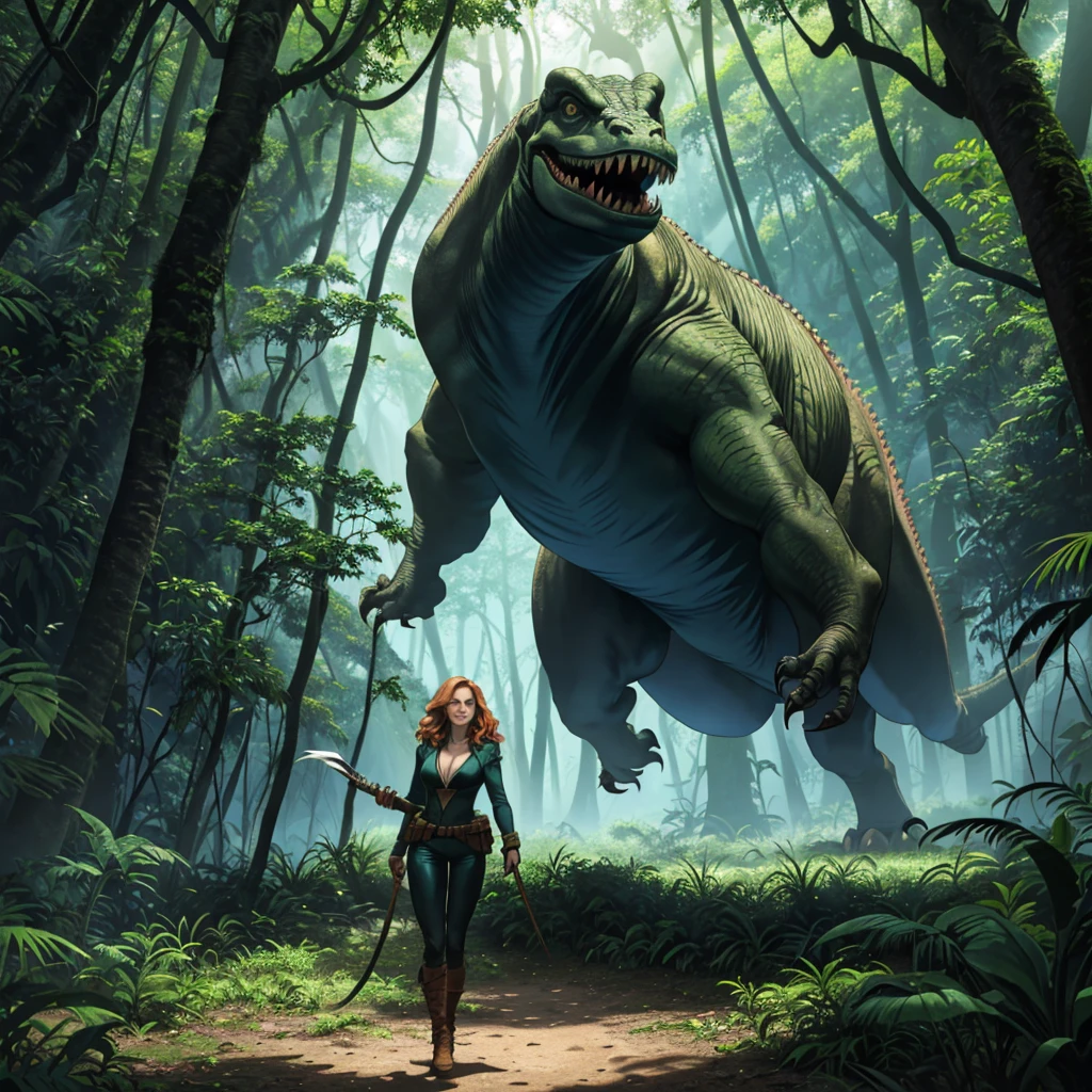 (general)Una niña en una jungla infestada de dinosaurios., puertas mcfadden(25 años) is a scantily clad dinosaur hunter, sosteniendo ferozmente armas de alta tecnología y una espada de cadena. Su mirada aguda y expresión decidida muestran su confianza y valentía.. La jungla es exuberante y está cubierta de altísimos árboles y enredaderas centenarias.. Sunluz streams through the dense foliage, creando sombras dramáticas en el suelo de la jungla. (detalles adicionales)El aire es denso con humedad, y los sonidos de los insectos chirriando y los rugidos distantes de los dinosaurios llenan el aire. En el fondo, un enorme T-Rex es parcialmente visible, sus amenazadoras mandíbulas y sus afilados dientes relucientes. (Calidad de la imagen)La escena está representada con la mejor calidad, mostrando imágenes ultra detalladas y realistas. Cada hoja y textura están magistralmente renderizadas., mostrando una increíble atención al detalle. La obra de arte irradia una calidad fotorrealista., Capturando las características intrincadas tanto del personaje como del entorno.. (Estilo de Arte)La obra de arte emplea un estilo dinámico y cinematográfico., Ilustraciones parecidas a las que se ven en novelas gráficas llenas de acción.. La paleta de colores vibrantes y saturados añade intensidad a la escena., enfatizando el peligro y la emoción de la caza. (luz)The luzing is carefully designed, with rays of sunluz filtering through the dense canopy and illuminating certain areas of the jungle. The play of luz and shadow adds depth and dimension to the overall composition.