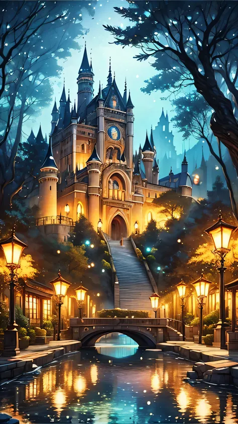 Landscape with a castle,(Dreamy European Castle)、Atmospheric Oliva lighting、about,4kUHD、Great composition with great detail and ...